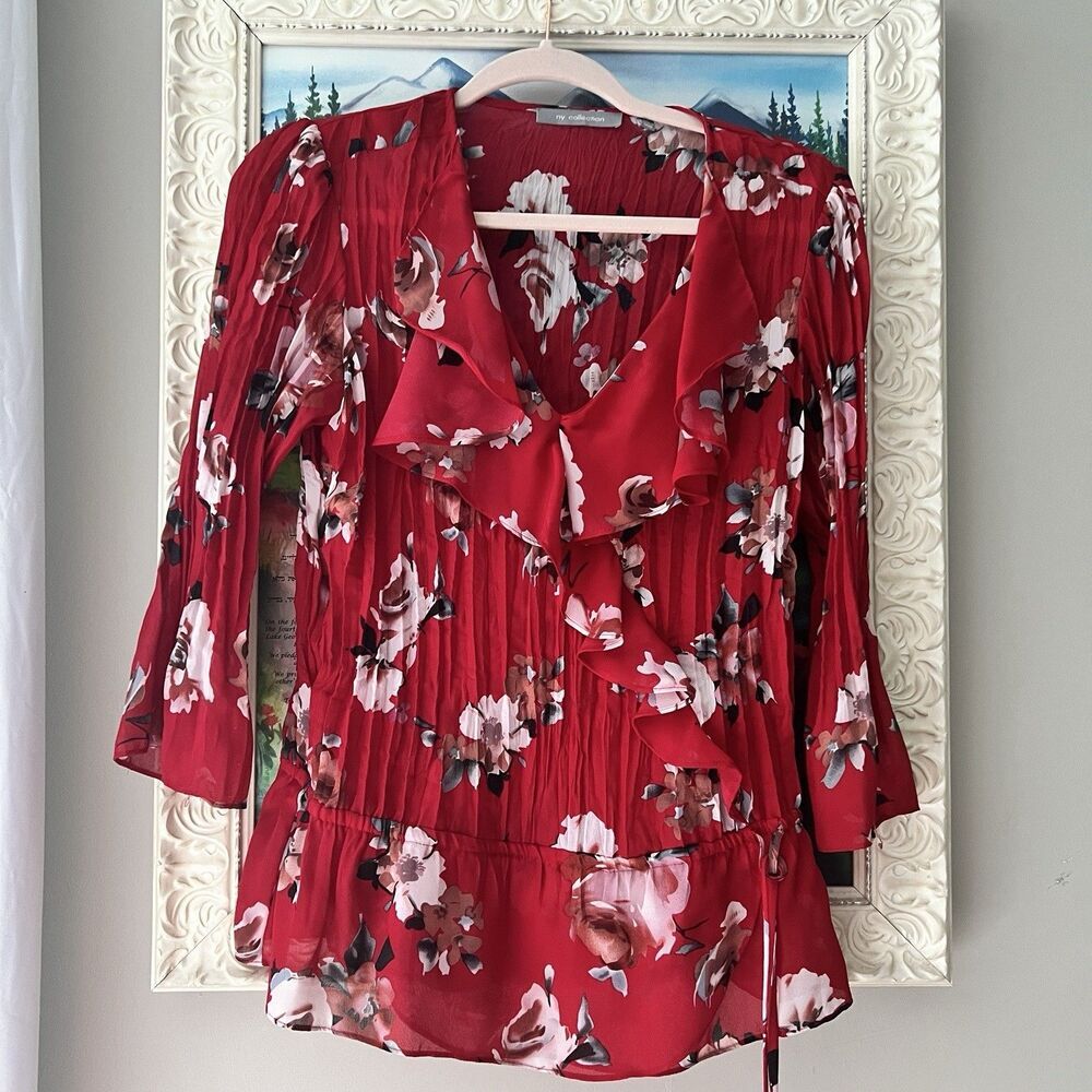 Ny Collection Top Womens Floral Ruffle V Neck Sz‎ M Fairy Cottagecore Romantic
